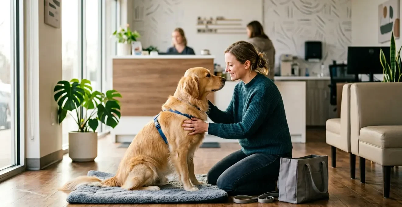 Propriétaire avec son chien dans une clinique vétérinaire moderne et chaleureuse