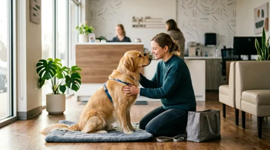 Propriétaire avec son chien dans une clinique vétérinaire moderne et chaleureuse