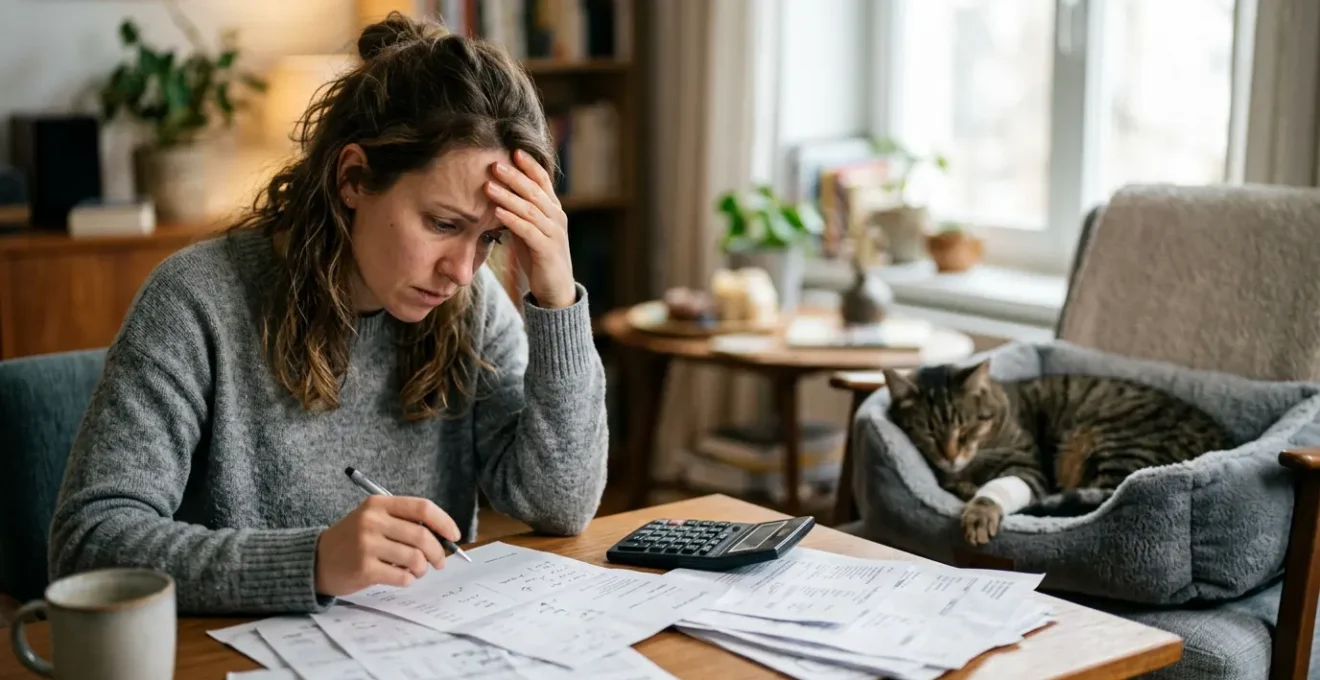 Propriétaire inquiet analysant une facture vétérinaire importante à côté d'un chat convalescent