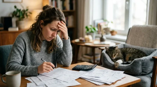 Propriétaire inquiet analysant une facture vétérinaire importante à côté d'un chat convalescent