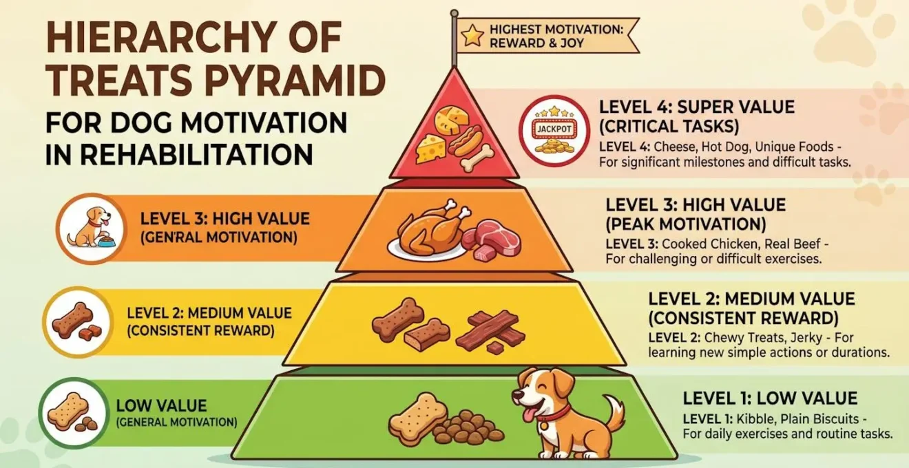 Pyramide de friandises hiérarchisées pour la motivation du chien en rééducation
