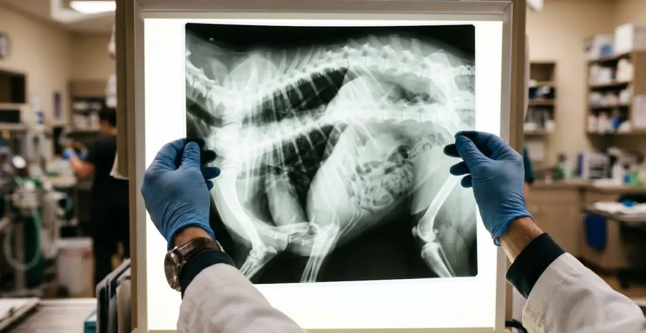 Vétérinaire examinant une radiographie de hanche de chiot avec des zones lumineuses indiquant une dysplasie