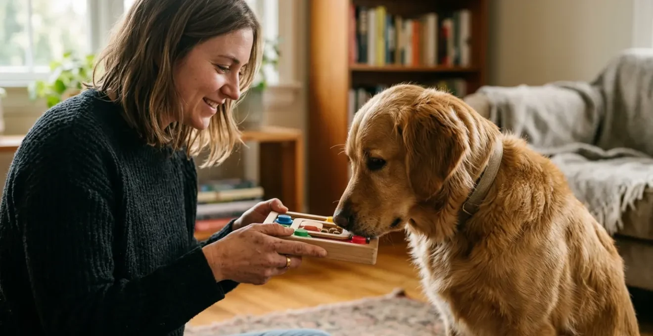 Chien et propriétaire partageant un moment de complicité lors d'une activité d'enrichissement mental avec jouets interactifs