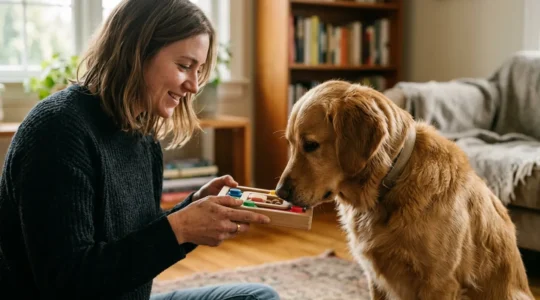 Chien et propriétaire partageant un moment de complicité lors d'une activité d'enrichissement mental avec jouets interactifs