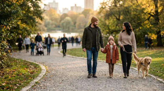 Famille avec chien dans un parc, illustrant les enjeux de responsabilité civile