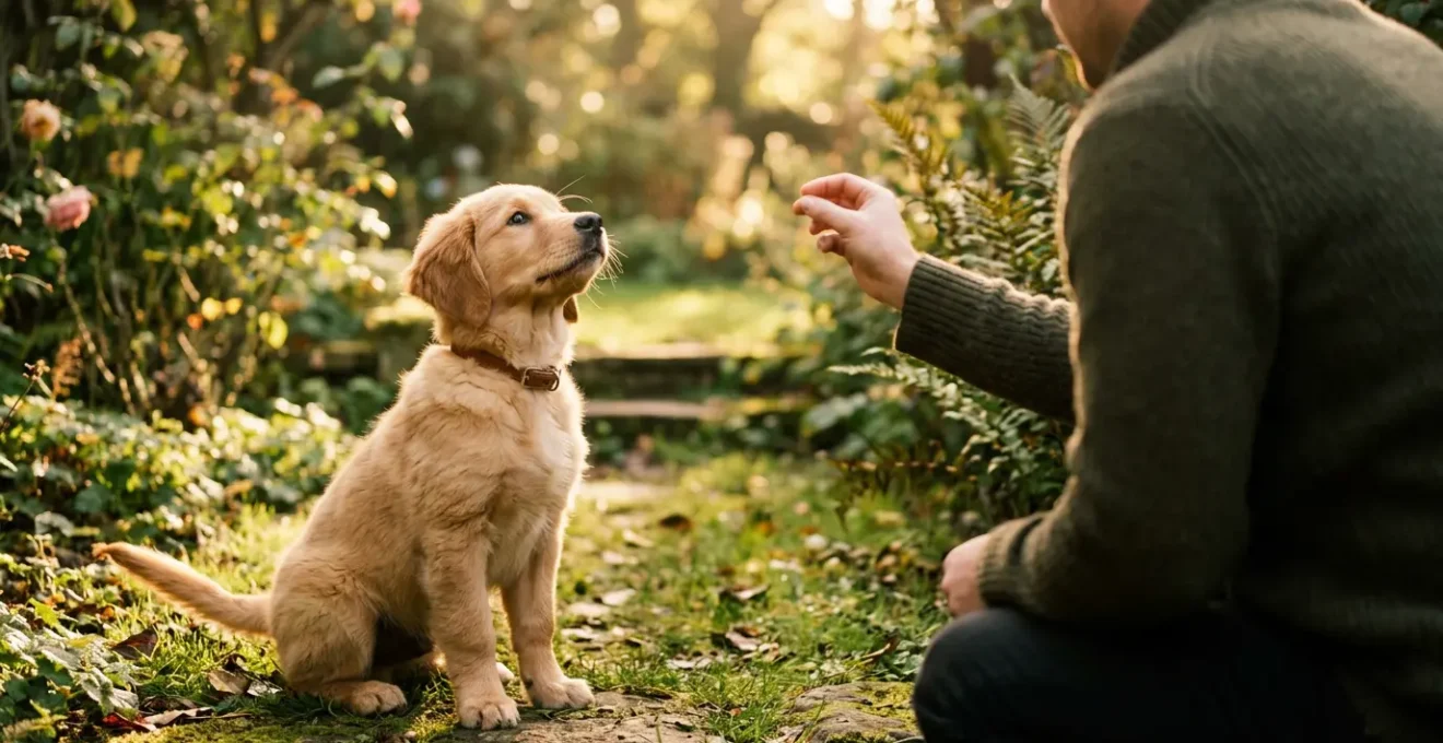 Chiot attentif lors d'une séance d'éducation courte avec son propriétaire dans un jardin