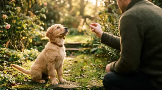 Chiot attentif lors d'une séance d'éducation courte avec son propriétaire dans un jardin