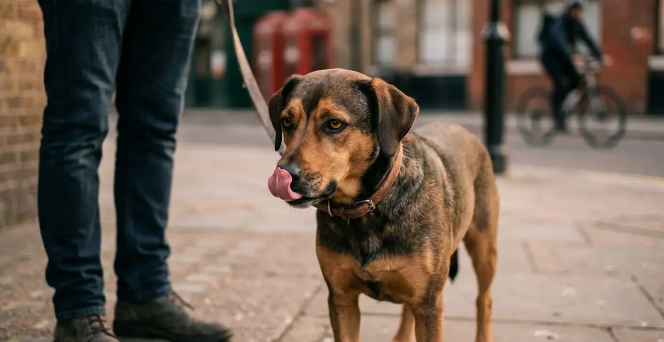 Chien montrant des signaux d'apaisement face à une distraction urbaine au loin