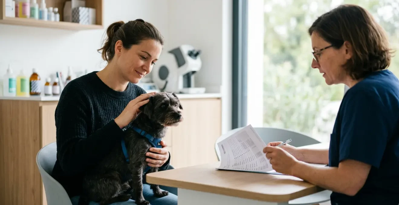 Consultation vétérinaire spécialisée avec un propriétaire et son animal dans un cabinet moderne en France