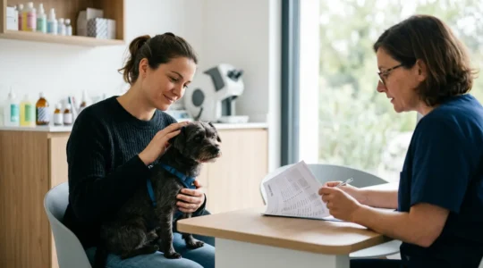 Consultation vétérinaire spécialisée avec un propriétaire et son animal dans un cabinet moderne en France