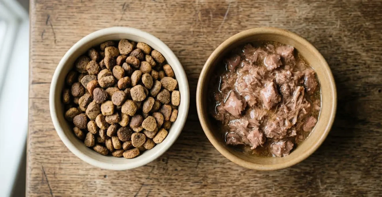 Deux gamelles côte à côte avec croquettes et pâtée pour transition alimentaire progressive