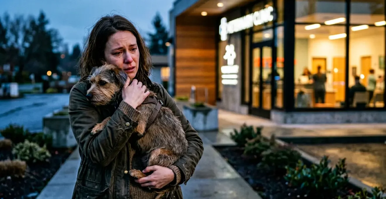 Propriétaire inquiet tenant son chien dans les bras devant une clinique vétérinaire la nuit
