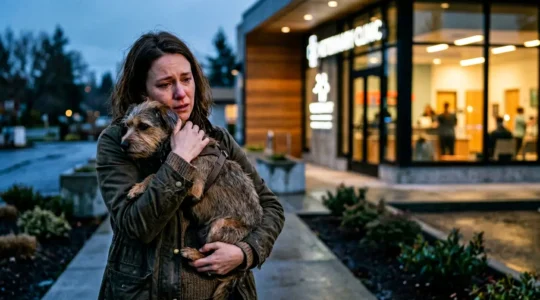 Propriétaire inquiet tenant son chien dans les bras devant une clinique vétérinaire la nuit
