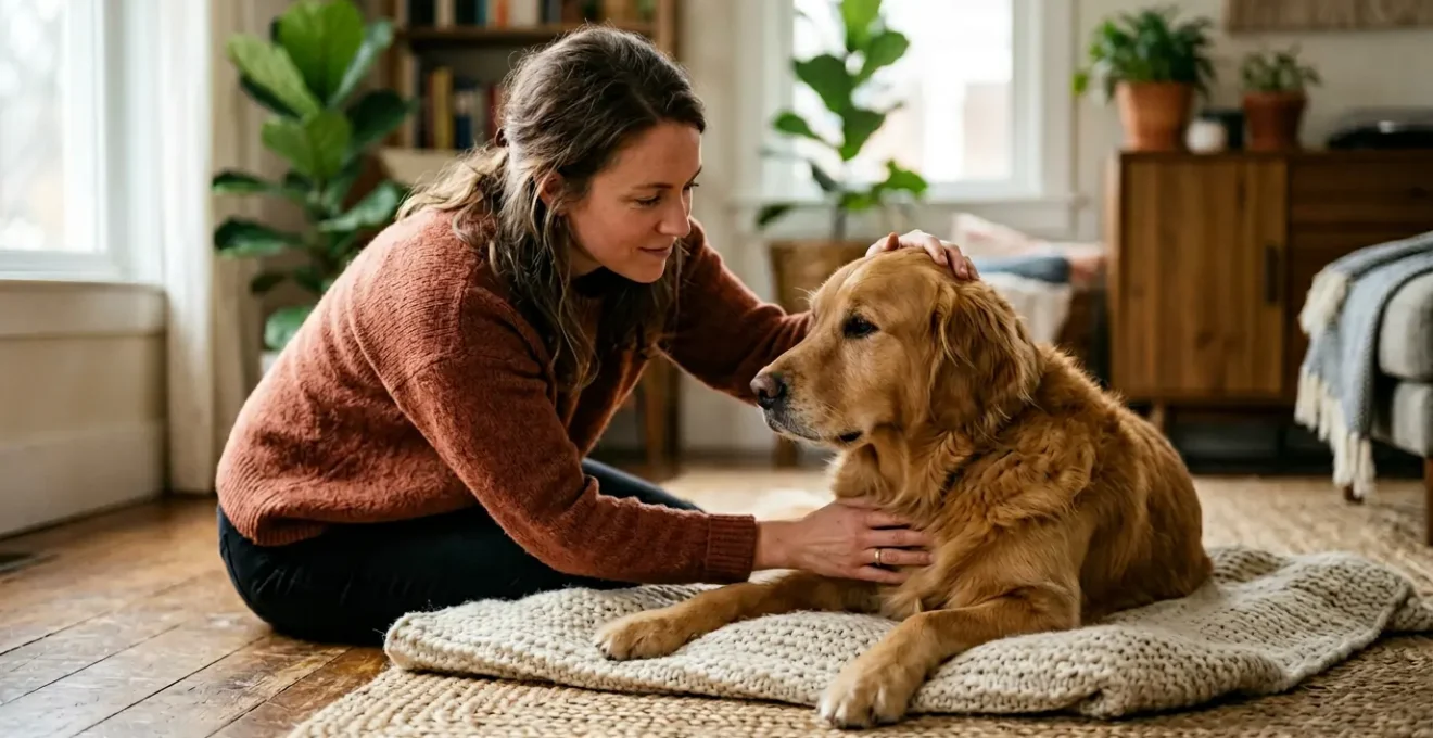 Propriétaire vérifiant délicatement les signes vitaux de son chien golden retriever dans un environnement calme