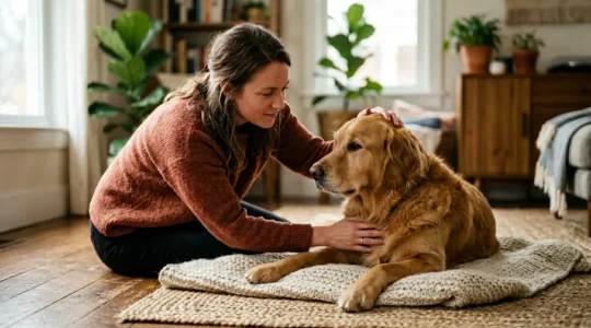 Propriétaire vérifiant délicatement les signes vitaux de son chien golden retriever dans un environnement calme