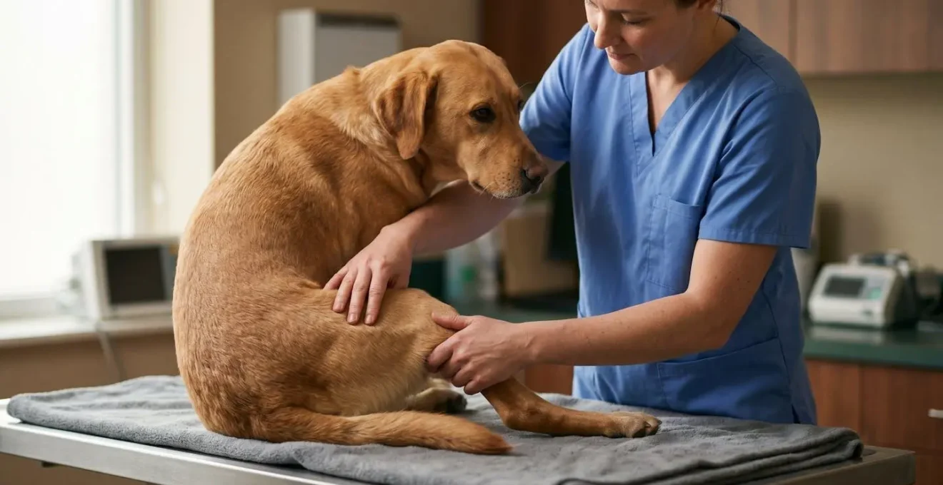 Vétérinaire examinant délicatement la patte d'un chien sportif sur table d'examen