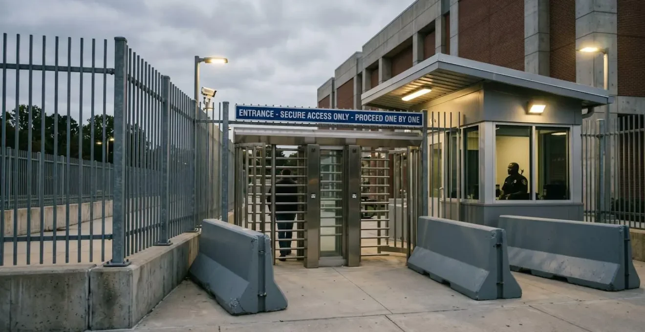 Aménagement sécurisé avec barrières à l'entrée pour prévenir les fugues