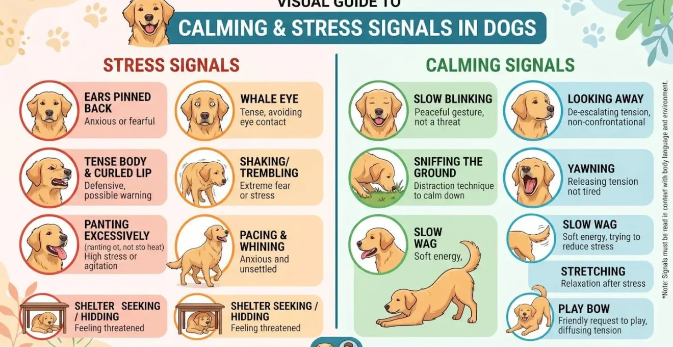 Guide visuel des signaux d'apaisement et de stress chez le chien